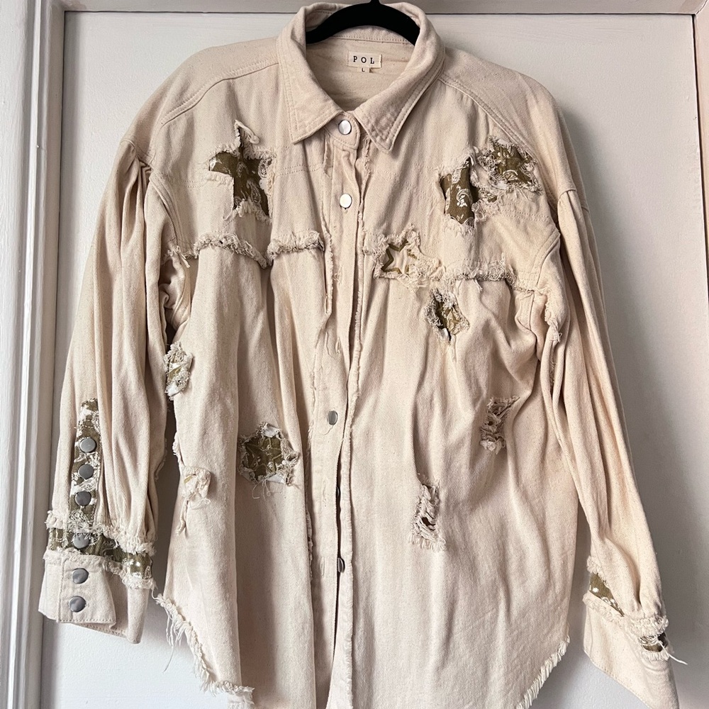 POL Distressed Beige Jacket with Star Patches